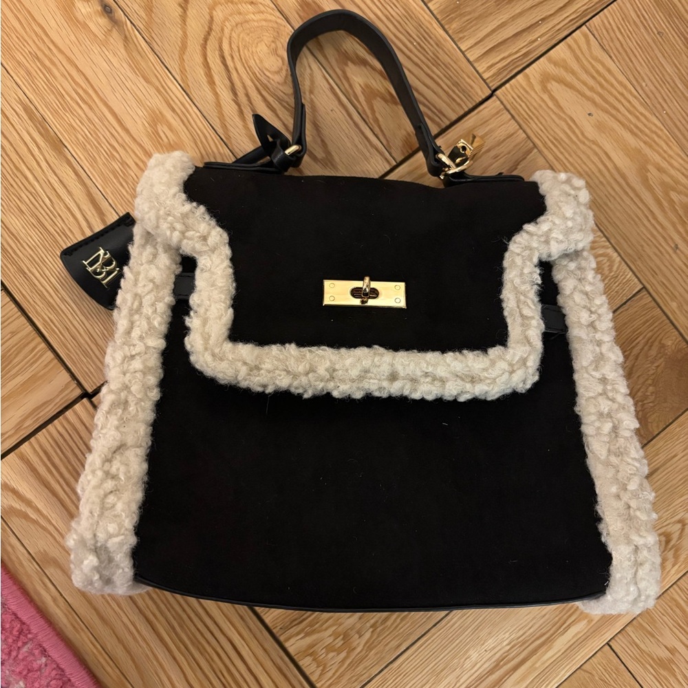 Badgley Mischka Black and Cream Satchel with Structured Shape and Gold Hardware